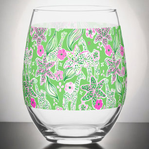 Preppy Green Giraffes Flowers Pink Green Stemless Wine Glass