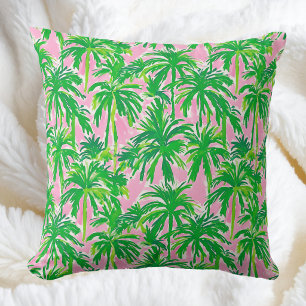 Preppy Green Palm Tree Pink   Tropical Coastal  Cushion