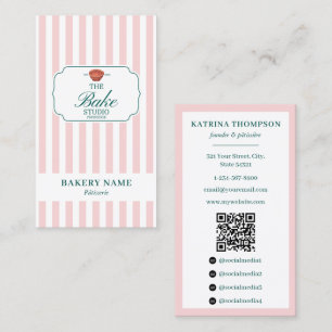Preppy Green & Pink Stripes Bakery Logo QR Code Business Card