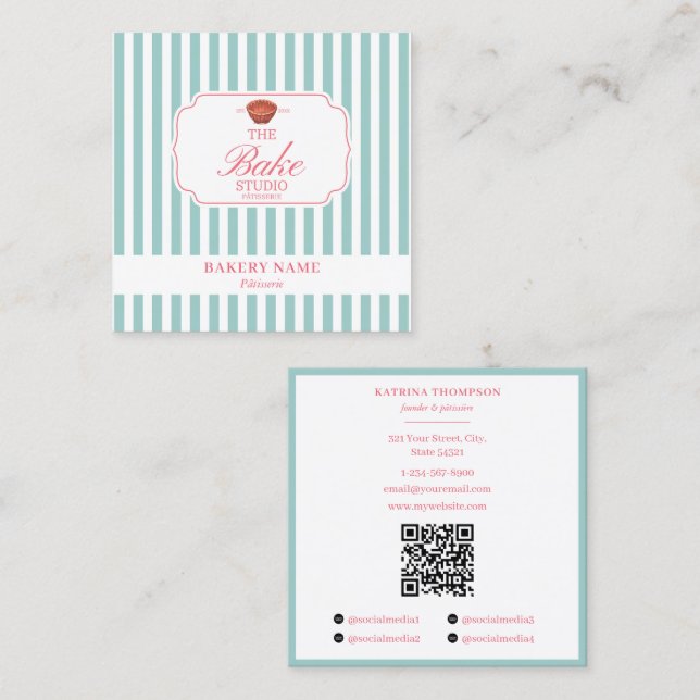 Preppy Green & Pink Stripes Bakery Logo QR Code Square Business Card (Front/Back)