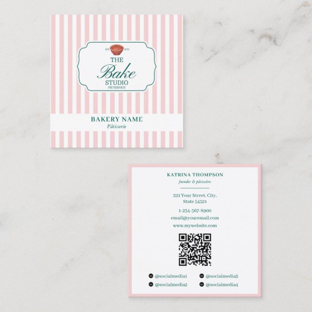 Preppy Green & Pink Stripes Bakery Logo QR Code Square Business Card (Front/Back)
