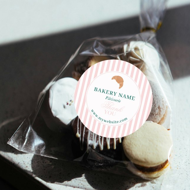 Preppy Green & Pink Stripes Bakery Logo Thank You Classic Round Sticker (Preppy Green & Pink Stripes Bakery Logo Thank You Classic Round Sticker)