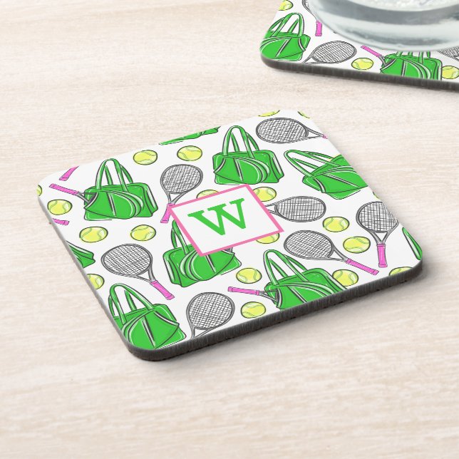 Preppy Green Pink Tennis Racquet Bag Balls Initial Coaster (Left Side)