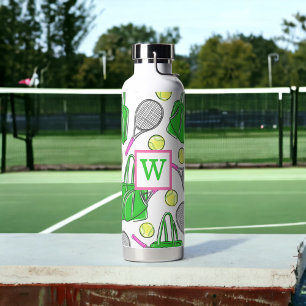 Preppy Green Pink Tennis Racquet Bag Balls Initial Water Bottle