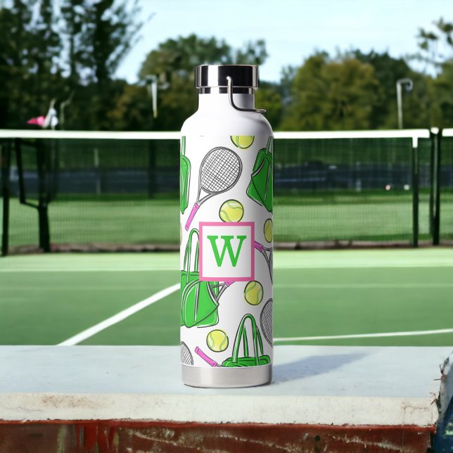 Preppy Green Pink Tennis Racquet Bag Balls Initial Water Bottle (Creator Uploaded)