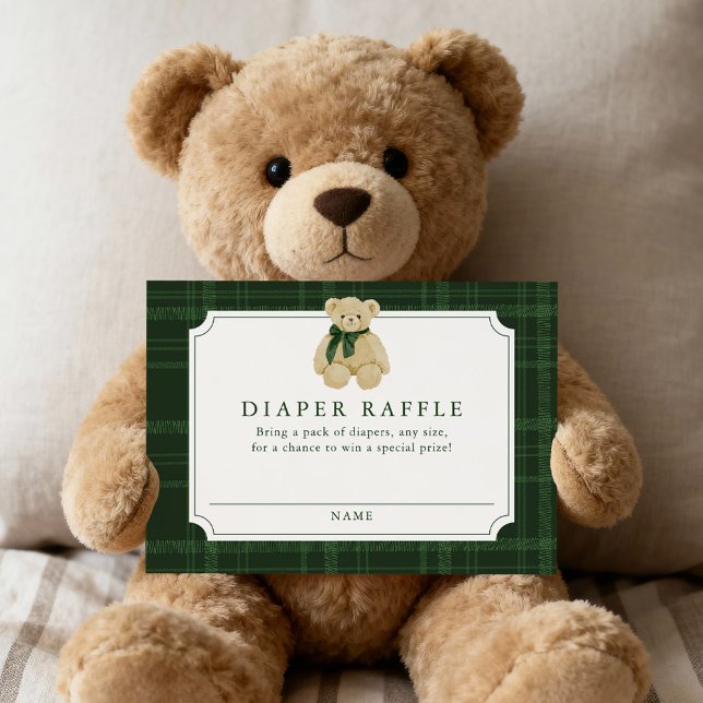Preppy Green Plaid Teddy Bear Diaper Raffle Enclosure Card (Creator Uploaded)
