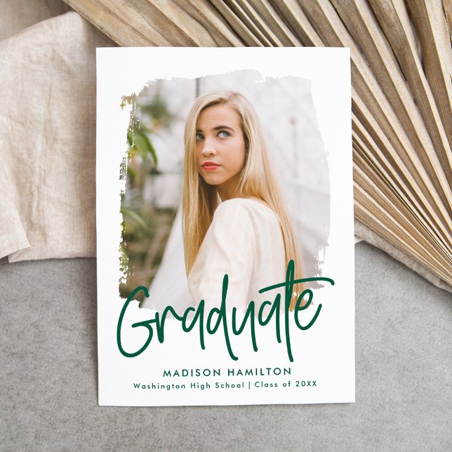 Preppy Green Script Photo Graduation Announcement (Creator Uploaded)