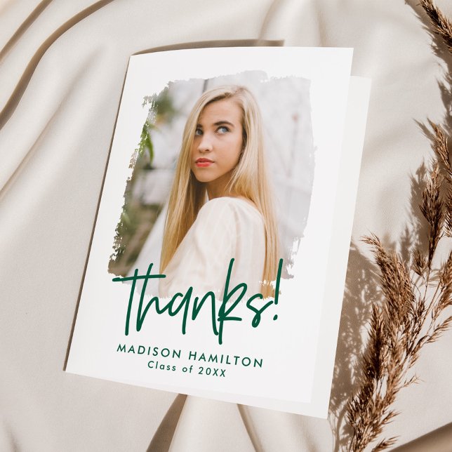 Preppy Green Script Photo Graduation Thank You Card (Creator Uploaded)