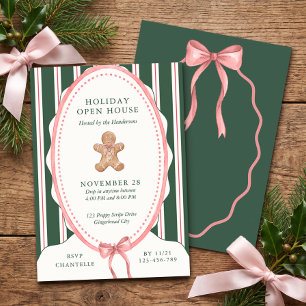 Preppy Green Stripe Gingerbread Open House Invitation