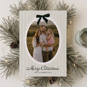 Preppy Green Stripe Lace Frame Christmas Photo Invitation