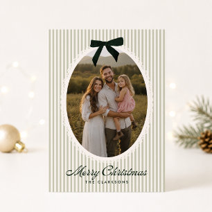 Preppy Green Stripe Lace Frame Christmas Photo Invitation