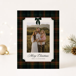 Preppy Green Tartan Bow Christmas Photo Card