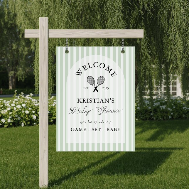 Preppy Green Tennis Baby Shower Welcome Poster (elegant green and white baby shower sign shown displayed on a hanging easel for chic welcome)