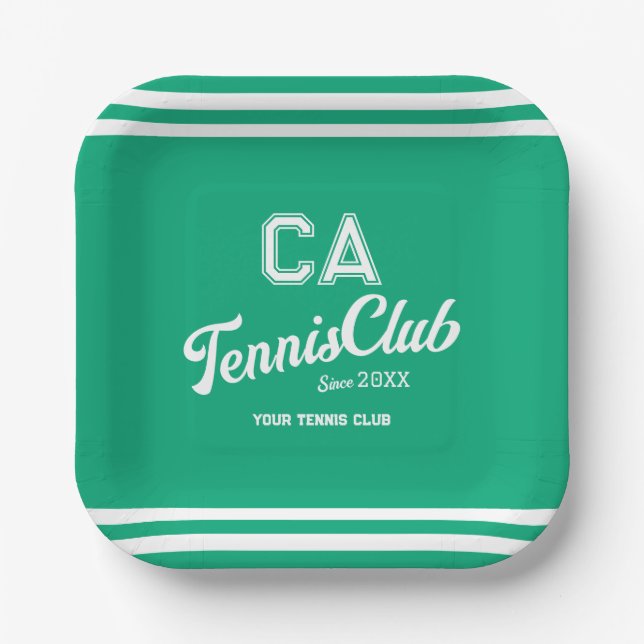Preppy Green Tennis Club Custom Crest Party Paper Plate (Front)