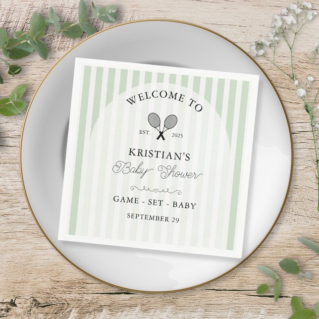 Preppy Green Tennis Country Club Baby Shower Napkin (elegant green stripes tennis theme baby shower napkins for preppy chic baby shower at country club)