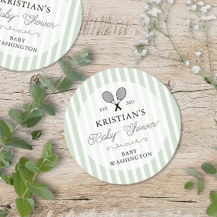 Preppy Green Tennis Country Club Baby Shower Round Paper Coaster