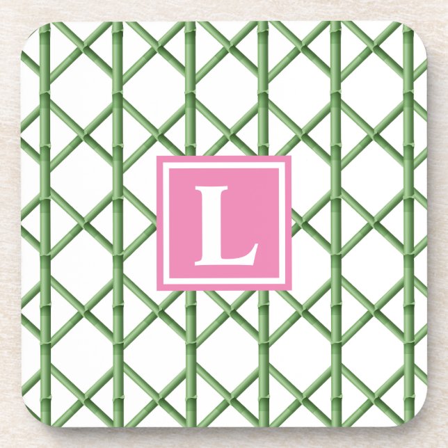 Preppy Green Trellis Bamboo Monogram Coaster (Front)