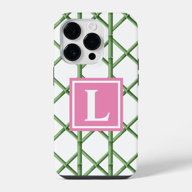 Preppy Green Trellis Bamboo Pattern Monogram iPhone Case (Back)