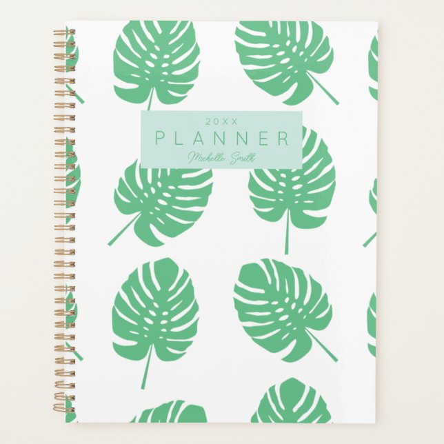 Preppy Green Tropical Monster Leaves Personalised Planner (Front)