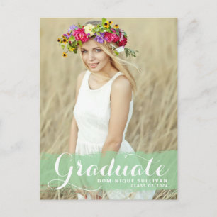 Preppy Green Watercolor Overlay Photo Graduation Announcement Postcard