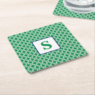Preppy Green White Link Pattern Navy Monogram  Square Paper Coaster