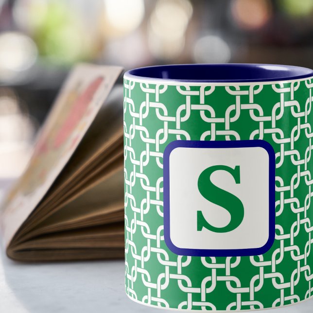Preppy Green White Link Pattern Navy Monogram Two-Tone Coffee Mug (Creator Uploaded)