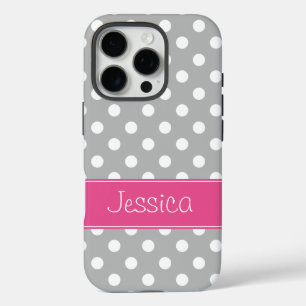 Preppy Grey and White Polka Dots Personalised iPhone 16 Pro Case