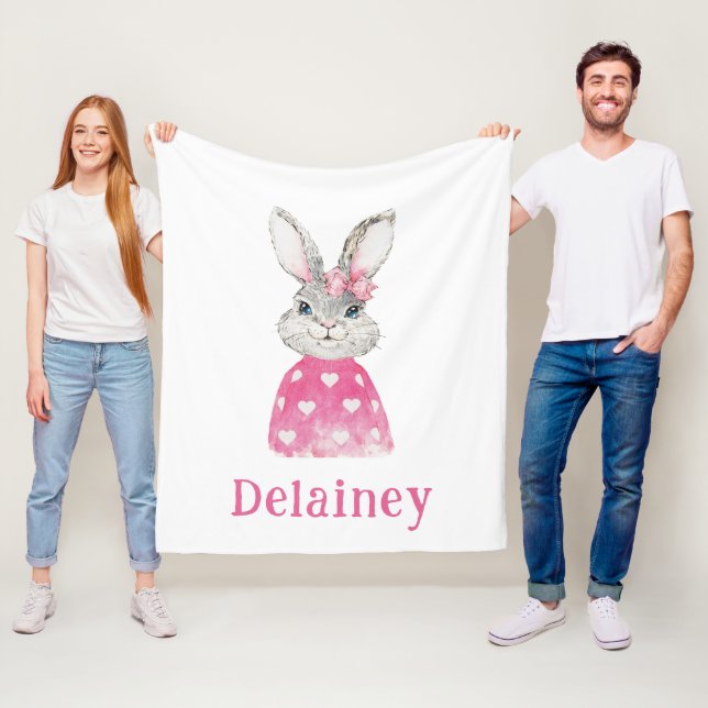 Preppy Grey Bunny Pink Heart Sweater Personalised Fleece Blanket (In Situ)