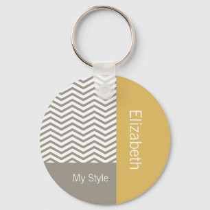 Preppy Grey Chevron Yellow Geometric With Name Key Ring