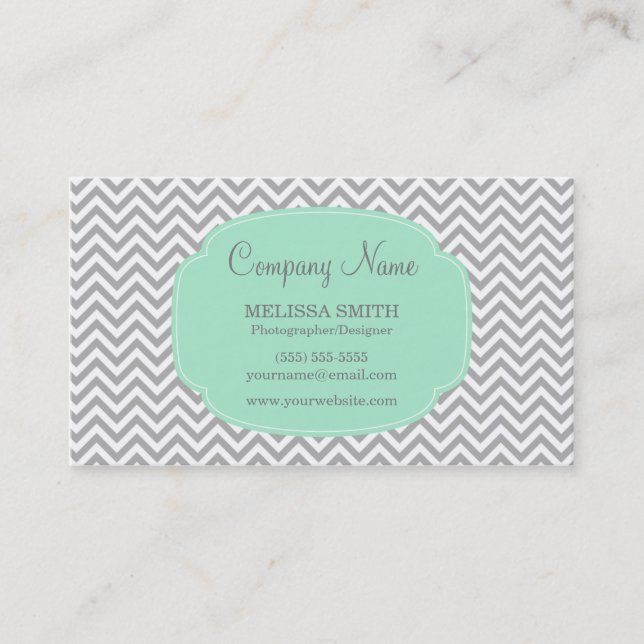 Preppy Grey Mint Chevron Business Card (Front)
