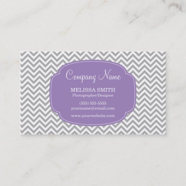 Preppy Grey Soft Purple Chevron Pattern Business Card (Front)