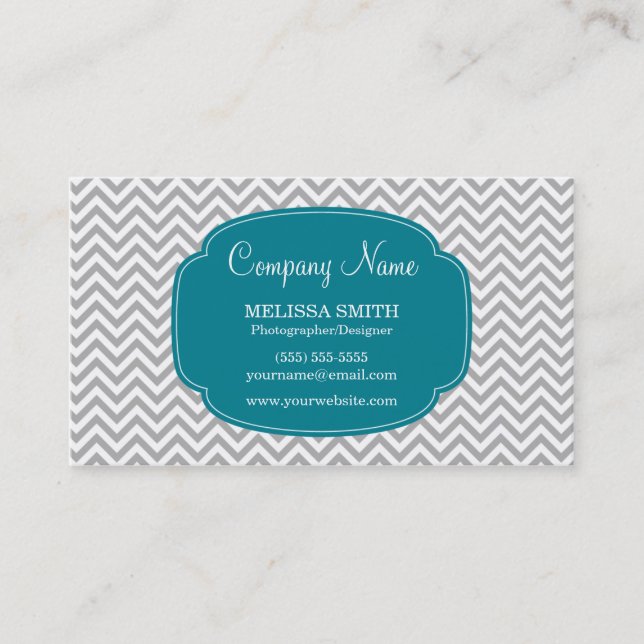 Preppy Grey Teal Blue Chevron Pattern Business Card (Front)