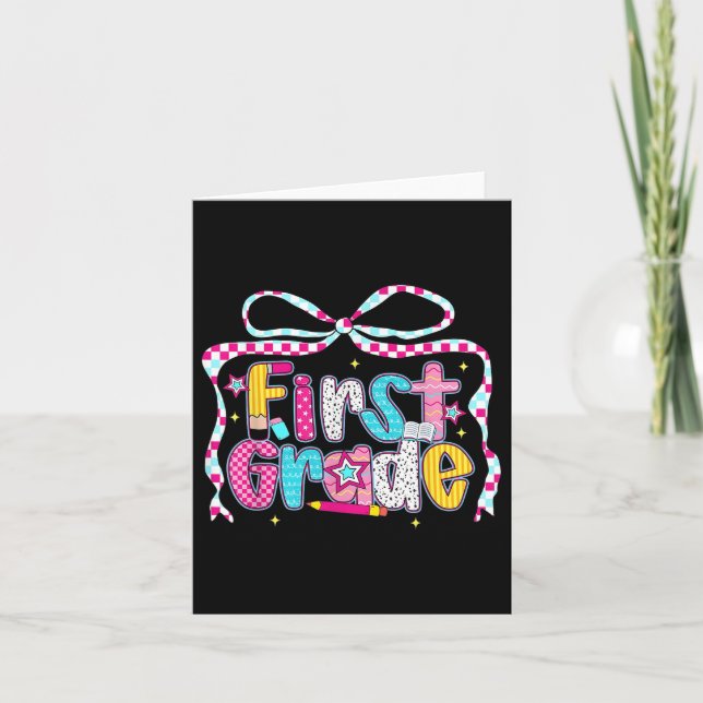 Preppy Groovy First Grade Coquette Bow Back To Sch Card (Front)