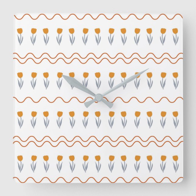 Preppy Groovy Stripe Tulip Flower Pattern  Square Wall Clock (Front)