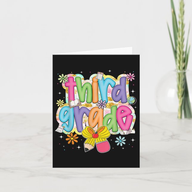 Preppy Groovy Third Grade Back To School Coquette  Card (Front)