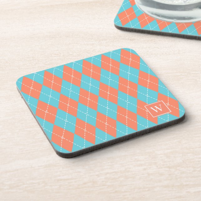 Preppy Hand-Stitched Argyle – Coral & Turquoise Coaster (Left Side)