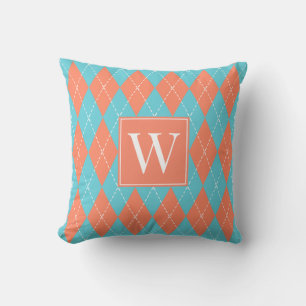 Preppy Hand-Stitched Argyle – Coral & Turquoise Cushion