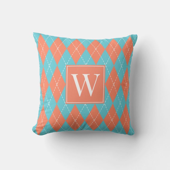 Preppy Hand-Stitched Argyle – Coral & Turquoise Cushion (Front)
