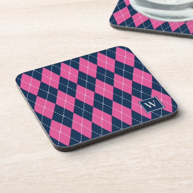 Preppy Hand-Stitched Argyle – Hot Pink & Navy Coaster (Left Side)