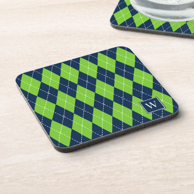 Preppy Hand-Stitched Argyle – Navy & Lime Coaster (Left Side)