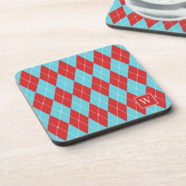 Preppy Hand-Stitched Argyle – Red & Turquoise Coaster (Left Side)