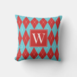 Preppy Hand-Stitched Argyle – Red & Turquoise Cushion