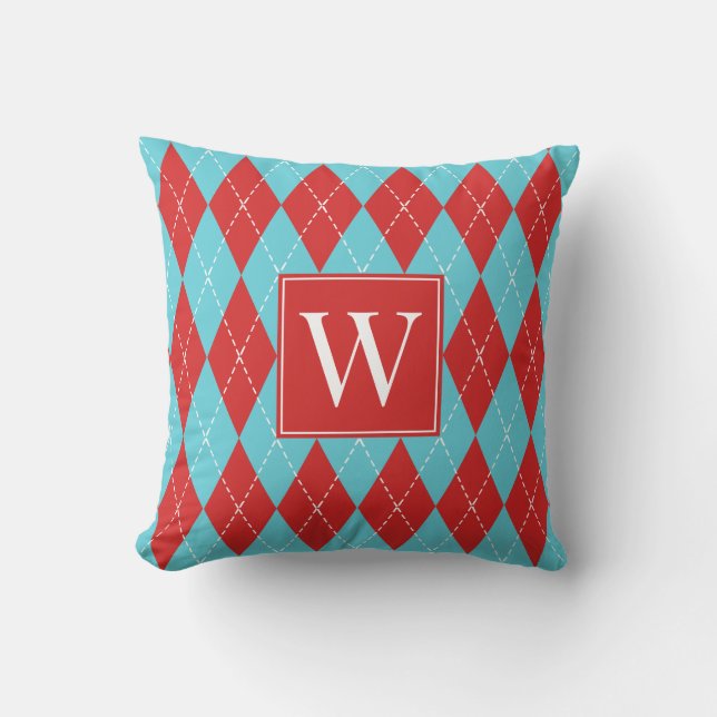 Preppy Hand-Stitched Argyle – Red & Turquoise Cushion (Front)