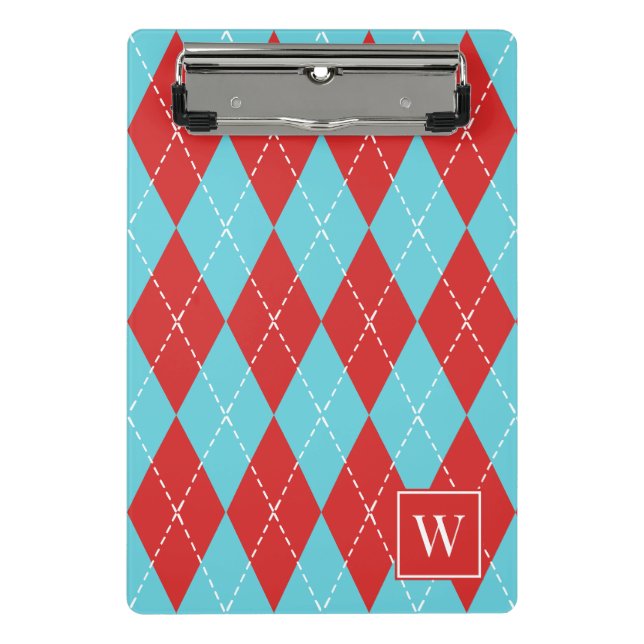 Preppy Hand-Stitched Argyle – Red & Turquoise Mini Clipboard (Front)