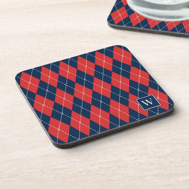 Preppy Hand-Stitched Argyle – Red White & Navy Coaster (Left Side)