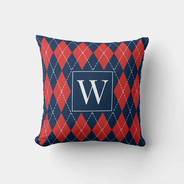 Preppy Hand-Stitched Argyle – Red White & Navy Cushion (Front)