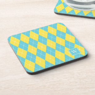 Preppy Hand-Stitched Argyle – Yellow & Turquoise Coaster
