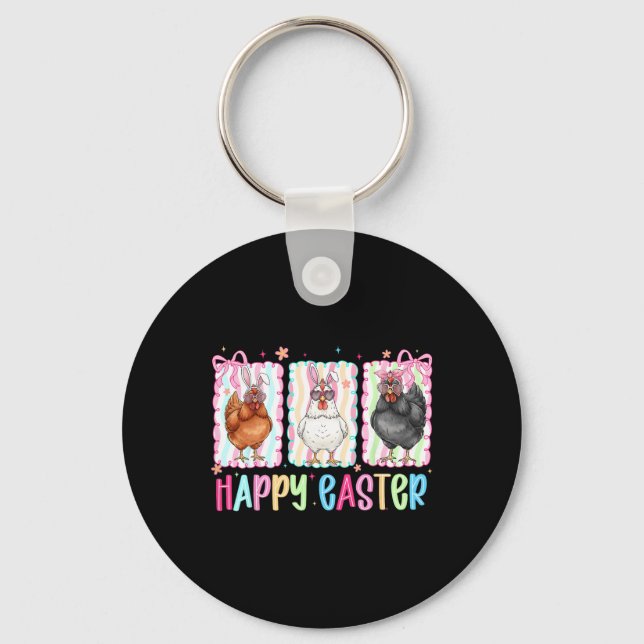 Preppy Happy Easter Chicken Coquette Bow Cute Farm Key Ring (Front)