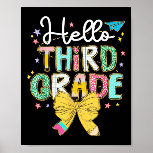 Preppy Hello 3rd Grade Teacher Coquette Bow Back T Poster