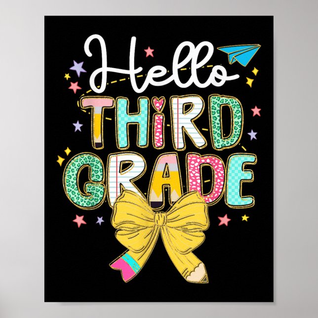 Preppy Hello 3rd Grade Teacher Coquette Bow Back T Poster (Front)